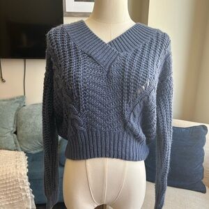 Urban Outfitters Blue V-Neck Sweater with Cable Knit